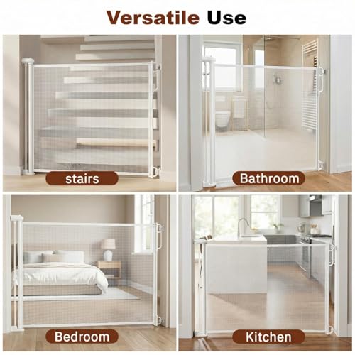 Image of Baybee Retractable Baby Safety Gate Fence for Kids & Pets | 140 cm Stretchable Mesh with Secure Childproof Lock | Foldable Drill-Mount Barrier for Door, Stairs & Kitchen (White)