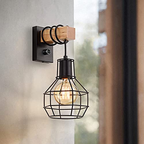 Glighone Wandleuchte Innen Vintage Dimmbar Wandlampe mit Schalter Schwarz Industrial Wandlampe Retro aus Metall und Holz E27 für Treppenhaus Flur Cafe Bar Restaurant Wohnzimmer (Ohne Leuchtmittel)