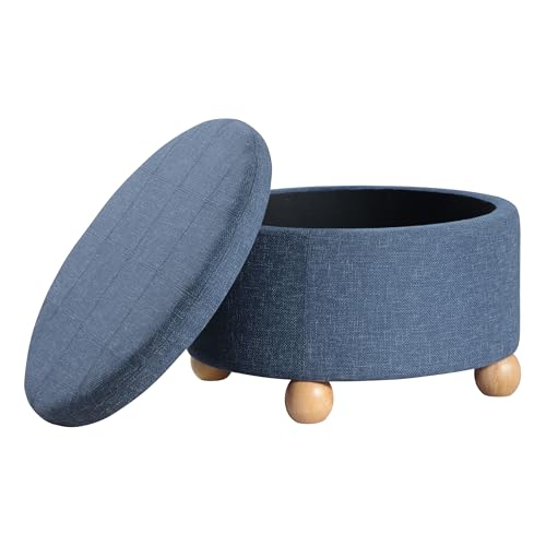 OSP Home Furnishings Baynes Upholstered Round Storage Ottoman, Navy Fabric