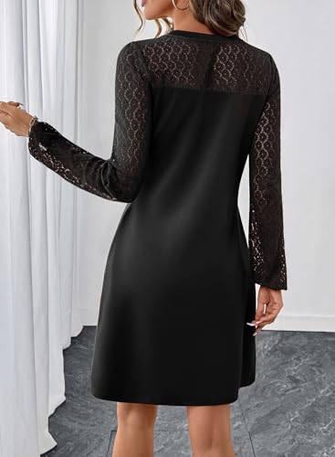 Happy Sailed Women’s Cocktail Dresses Lace Crochet Long Sleeve Side Button A Line Shift Dress with Pockets Trendy Fall 20252