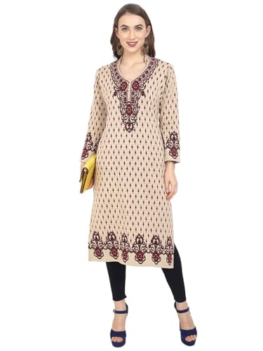 Image of Rosary Women's Winter Wear Jacquard Woolen Straight Kurti with 2 Side Pockets