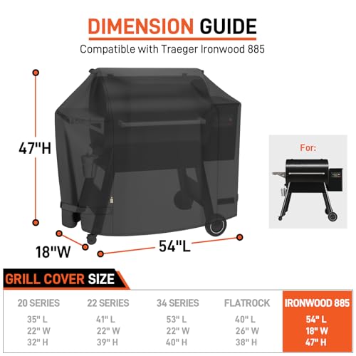 Arcedo Grill Cover Compatible with Traeger Ironwood 885, Heavy Duty Waterproof Pellet Somker Cover Full Length Outdoor BBQ Grill Accessory BAC513
