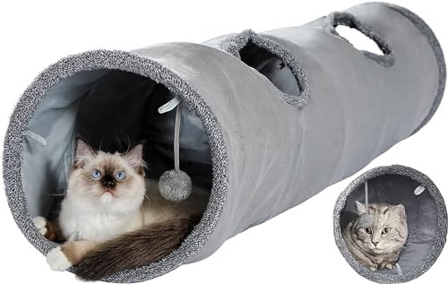 Katzentunnel, Indoor- Katzenspielzeug, 124 x 29 cm, faltbarer großer Tunnel, Übungs- Katzentunnel mit interaktivem Ball, Spielzeug für drinnen und draußen, für Kätzchen, Welpen und Kleintiere