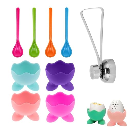 Egg Cup, 9-Piece Silicone Egg Cups Set with Egg Cracker and Spoons, Boiled Egg Stands for Family Breakfast and Kitchen Organisation, Colourful Egg Cups for Dining Tables and Gift Occasions