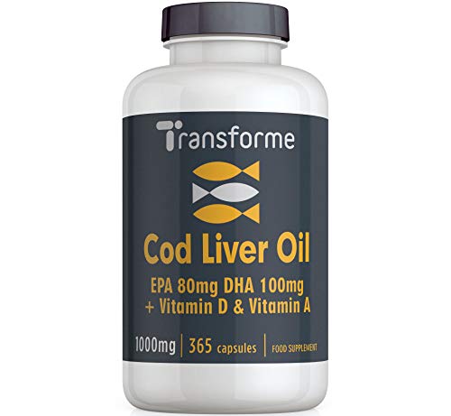 Transforme Cod Liver Oil Capsules 1000mg 365 High Strength Omega 3 Softgels, EPA DHA Vitamins A & D3, Full Year Supply, Gluten Free