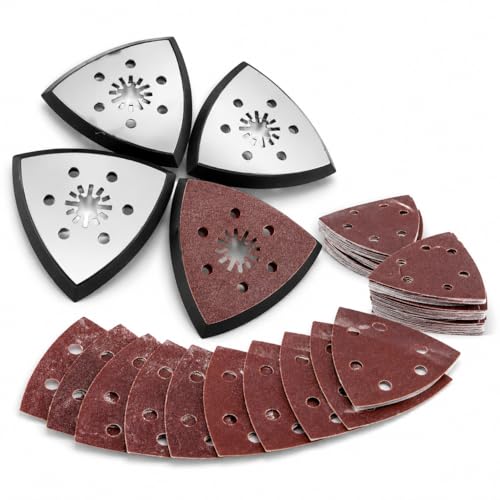 28 Plateau de ponçage Multitool, 4 Plateau de Ponçage Delta 6 Trous 93x93x93mm, 24 Papier abrasif Ponceuse triangulaire, Contient 6 tailles de papier abrasif delta (40/60/80/120/180/240)