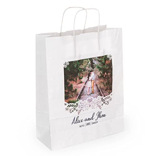 Wanapix | Bolsa de Papel Kraft Personalizada | Bolsa para Regalo con Fotos | Asas de papel enroscado | Personalizadas por 1 Cara | Desde 1 Unidad (Mediana, Blanco)