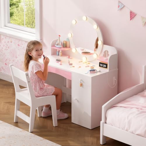 Image of Teckid Kids Vanity Table and Chair Set with Lighted Mirror Storage Drawers Shelves for Little Girls | Open Bookshelf, Shelves, Drawers and Storage Cabinet