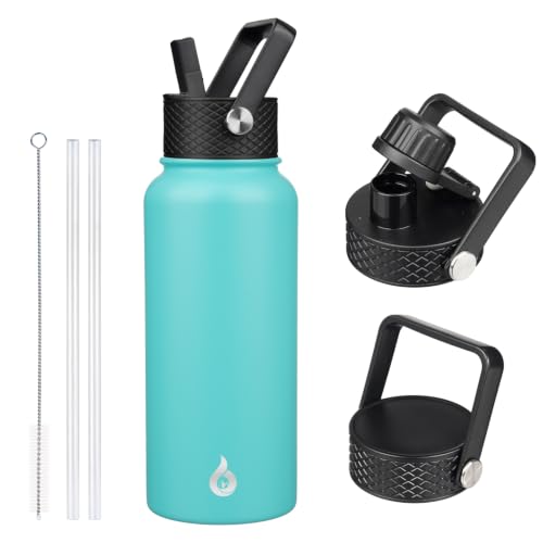Image of BJPKPK Insulated Water Bottles with Straw Lid, 32oz Metal Large Water Bottle with 3 Lids, Reusable Leak Proof BPA Free Thermo, Stainless Steel Tumblers for Sports, Gym, Travel-Turquoise