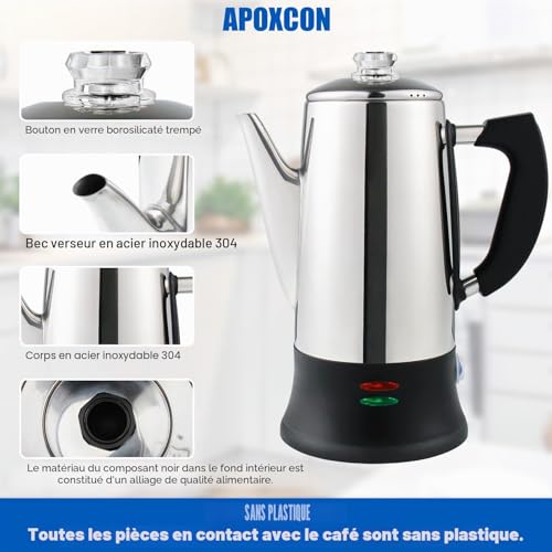 APOXCON Percolateur à café 12 tasses - Certifiée CE, cafetière classique avec fonction de service sans fil et couvercle résistant à la chaleur, Fonction de Maintien au Chaud 30 Min – vue 5
