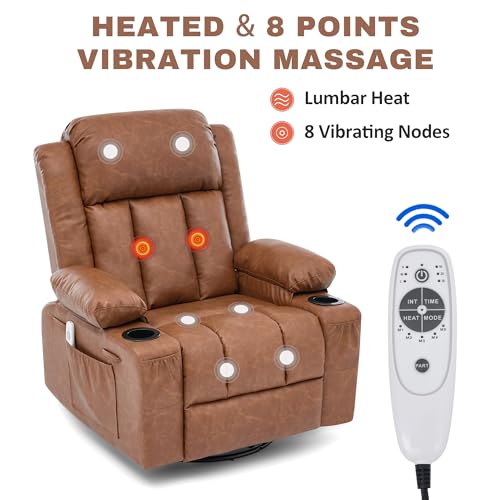 Image of Rocker Recliner Chair with Heat and Massage,360Swivel Nursery Recliner Chair for Adults,Oversized Recliner Single Sofa Seat with 2 Cup Holders and Side Pocket (Brown)