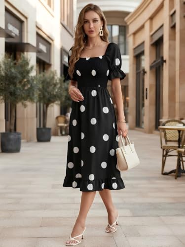 Image of Leriya Fashion Dress for Women | Western Square Neck One Piece Dress for Woman midi | Casual Summer Dresses for Beach & Polka dots Stylish Party Outifits Puff Sleeve