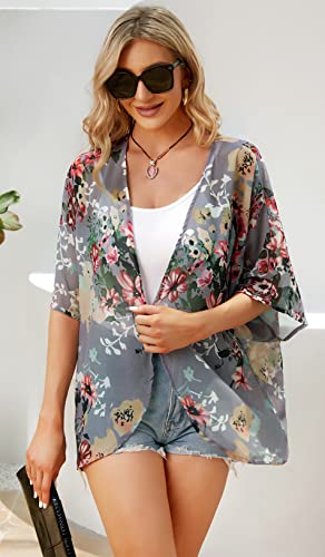 Women's Floral Print Puff Sleeve Kimono Cardigan Loose Cover Up Casual Blouse Tops (Dark Grey, Xl) #TOP3