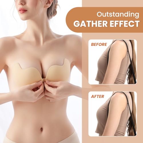 Leikedun 2er Set Klebe BH Push up ohne Träger (A Körbchen), unsichtbarer Selbstklebender BH, Beige/Schwarz, für Hochzeitskleider & Abendkleider mit 6 Paar Nippelabdeckungen & 10 Körperband