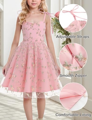 Happy Cherry Flower Girl Tie Strap Floral Tulle Dress Sweatheart Neck Embroidery Lace Mesh Sundress 4-10Y4