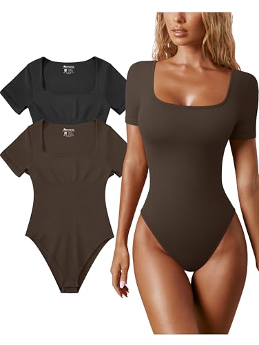 Image of OQQ Women's 2 Piece Bodysuits Sexy Ribbed One Piece Square Neck Short Sleeve Bodysuits