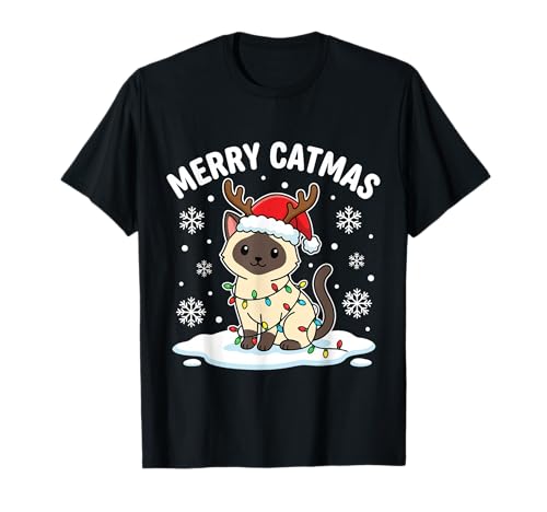 Siamese Cat Christmas Lights Merry Catmas Reindeer Santa Hat T-Shirt