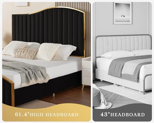 Amerlife BHB017-HPT Queen Size Bed Frame, 61.4 Inch High Headboard Platform Bed Velvet Upholstered thumb #2