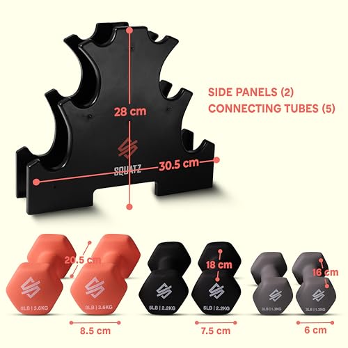 Squatz Neoprene Dumbbell Set with Stand, Pairs of 3 lb, 5 lb, and 8 lb Dumbbells - Anti-Slip Hex Design, Durable Cast Iron Core, Compact Storage Rack, Ideal For Strength & Resistance Training by SQUATZ - Image 8