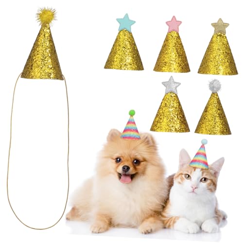 GANAZONO 8Pcs Pompom Birthday Hats for Pets Glitter Hats for Dogs Cats Elastic Bands Festive Pet Party Accessories for Puppy Birthday Celebrations