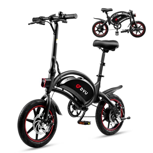 DYU Bicicleta Eléctrica Plegable,14 Pulgadas Portátil Bicicleta Eléctrica,Inteligente E-Bike con Asistencia de Pedal,Altura Ajustable,Portátil Compacta,Unisex Adulto (Negro)
