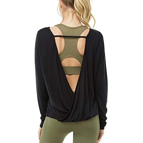 Muzniuer Long Sleeve Workout Shirts for Women Open Back Yoga Shirts Backless Yoga Shirts Thumbhole Shirts Running Shirts Black XL Cover