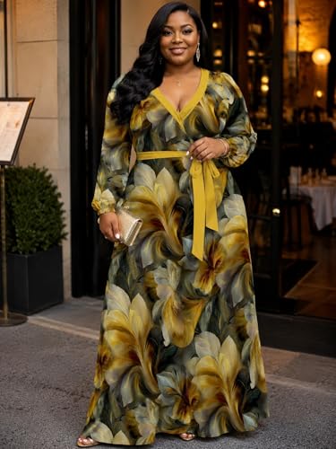 Image of PinkPatty Women's Long Sleeve Maxi Dress Plus Size Casual V Neck Wrap Dress with Pockets&Belt