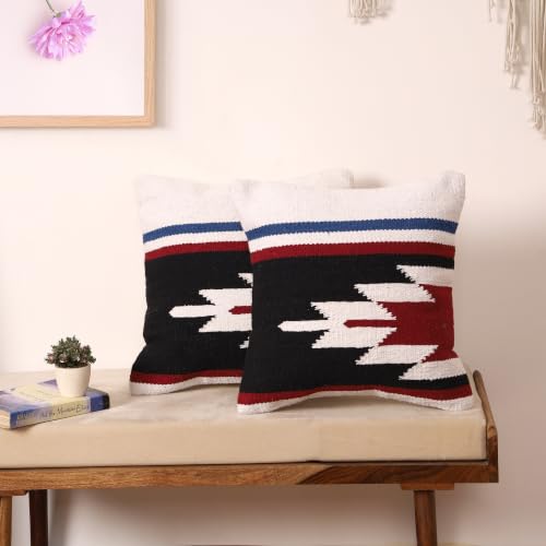 Image of Handwoven Kilim Cushion Covers 16x16 Boho Cotton Sofa Cushion Cover Southwestern Aztec Design Square Pillow Covers for Living Room Set of 2