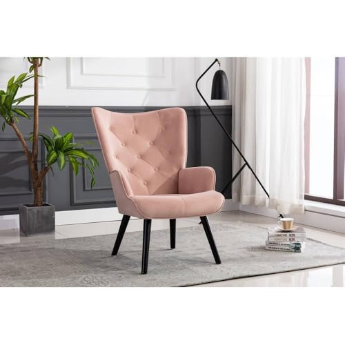Image of Velvet Wingback Accent Chair for Living Room | Luxury High Back Tufted Armchair with Glossy Metal Legs | Modern Velvet Upholstered Lounge Chair for Home & Office | 1 Pc (Pink)