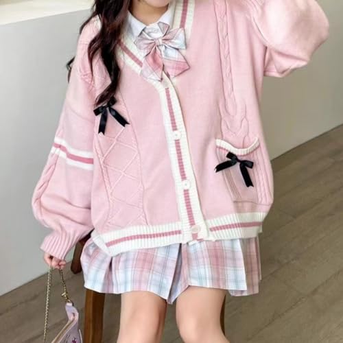 Image of Women's Cute Cable Knit Cardigans,Long Sleeve Button Up Sweater Kawaii Cardigan Coat Outwear with Pinned Bowkno