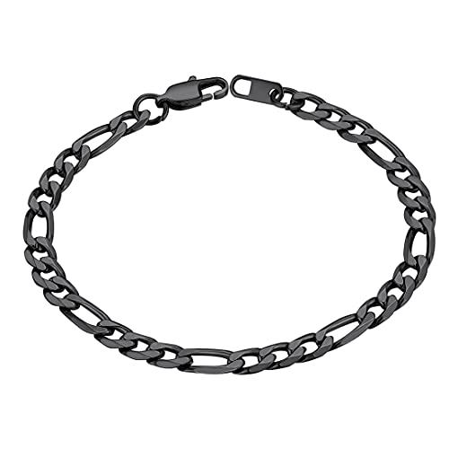 Gourmette Homme Acier Inoxydable Bracelet Fine Enfant Garçon Figaro Femme Argent Collier Poignet Chaine Fille - Noir [6mm-19cm] Bijou Cadeau Noël Fêtes des Pères Mères Mariage Prime Cover