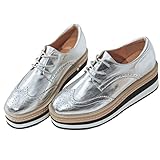 Meefit Women Lace Up Wedges Oxford Shoes Platform Wingtip Vintage Pumps(Silver,US8)