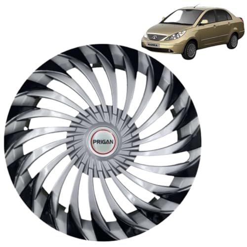 Image of PRIGAN Wheel Cover for TATA MANZA 15 Inch Silver Black Wheel Cap (Available in 15 Inch) (Set of 4 Pcs) (Press Fitting) Model- Swing DC-15