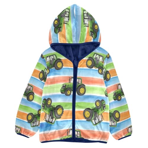 Truck Pattern on Colorful Stripes Toddler Fleece Jacket Girl Boys Hooded Fleece Jacket Coat Warm Outwear Zip-up 3-10T