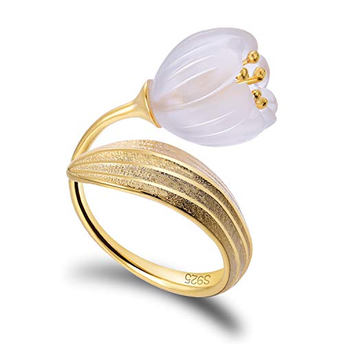 Lotus Fun S925 Anillo de Plata de Ley con Lirio de la Avestruz, Cristal Natural, Hecho a Mano, Joya u00a8u00b2nica para Mujeres y ni?as