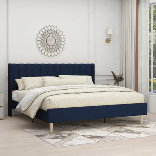 Image of Low Profile Upholstered Platform Bed with Winback Headboard | Bed King Size | Bed Without Storage | Upholstered Beds King Size | Mattress not Included | Dark Blue