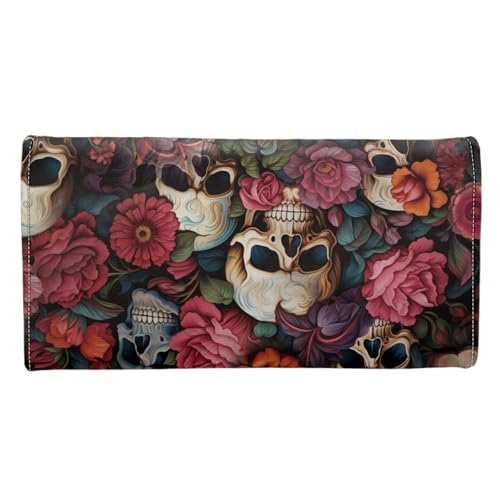 Image of AFPANQZ Skull Red Rose Print Long Clutch for Ladies Girls Multi Card Holder Slots Wallet Leather Wallet Zip Travel Purse Big Capacity Phone Holder Coin Zip Pocket Multi Card