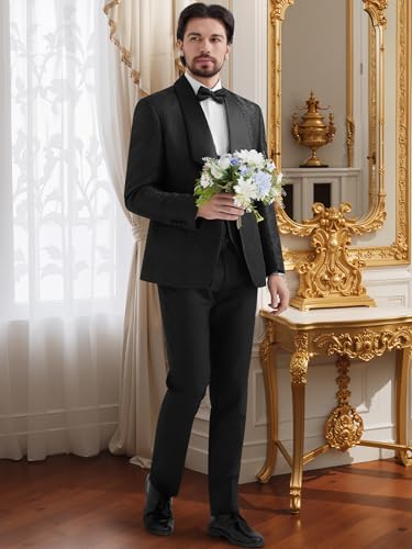 MAGE MALE Mens 3 Piece Floral Tuxedo Suits Slim Fit Paisley Shawl Lapel Suit for Dinner Prom Wedding Black - Thumbnail 7