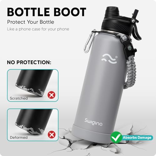 Image of Swigina [2-IN-1 LID] Insulated Water Bottle with Silicone Boot (36hrs Cold /18hrs Hot) - DIY Stickers, Leakproof, BPA Free, 40 oz