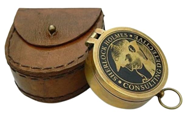 Brújula de bolsillo de latón Sherlock Holmes con funda de cuero – Coleccionable de detective consultor miniatura 1