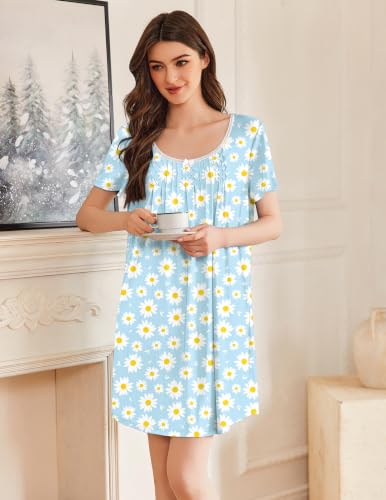 Image of Ekouaer Nightgowns for Women Pleated Sleep Shirts Short Sleeve Night Shirts Lace Trim Night Gown Ladies Sleep Dress