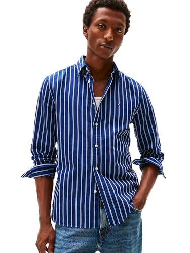 Tommy Hilfiger Men's Heritage Oxford Striped Regular Long Sleeve Shirts, Preppy Navy/White Medium