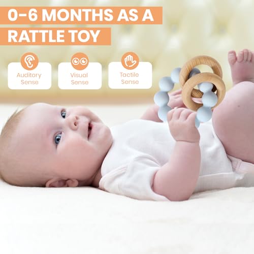 Image of Socub Baby Teething Toys for 0-6 6-12 Months | BPA-Free Food-Grade Silicone & Natural Beech Wood Teether Ring for Newborn Infants Teething Relief | Easy-Grip Sensory Rattle Toys(Baby Blue)
