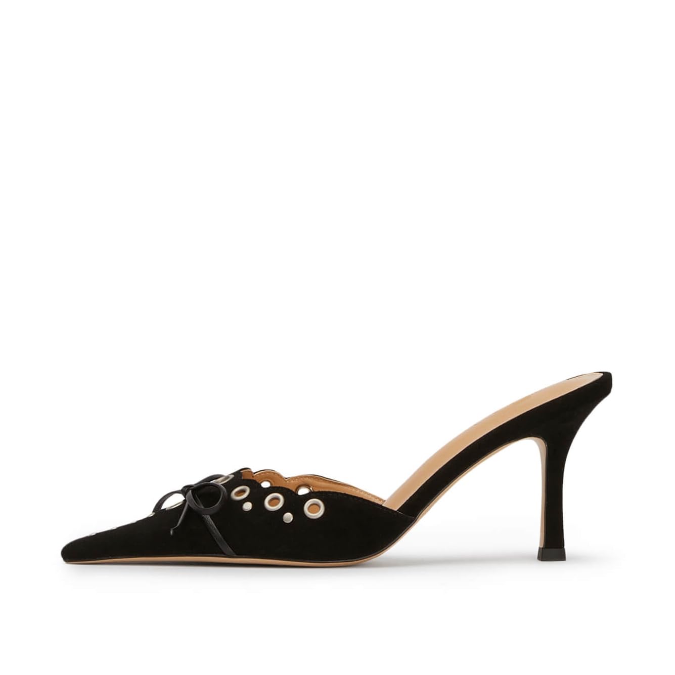 ATBELLKitten Heel Mules for Women Bow Tie Suede Stiletto Heels Mule Pointed Toe Studs Slide Heeled Sandal Pumps for Wedding Dress Party