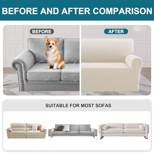 BellaHills High Stretch Sofabezug Moderne Sofaüberwurf, Wasserdicht Sofahusse für Wohnzimmer Protector für Hunde Haustiere, Elfenbein, Übergröße 3 Sitzer(205-240CM)