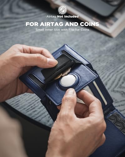 VULKIT Mens Leather Trifold Wallet with Airtag Card Case, Magnetic Closure, for Max. 10-14 Cards, Dark Blue3