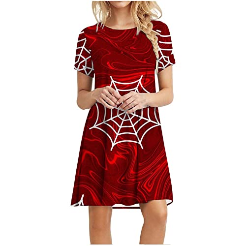 Damen Kurzarm Rundhals Minikleid Halloween Spinnennetz Print Kleid mit Hoher Taille Lockeres Freizeitkleid A-Linie Kleid T-Shirt Kleid Strandkleid Sportkleid Festliches Kleid Cover