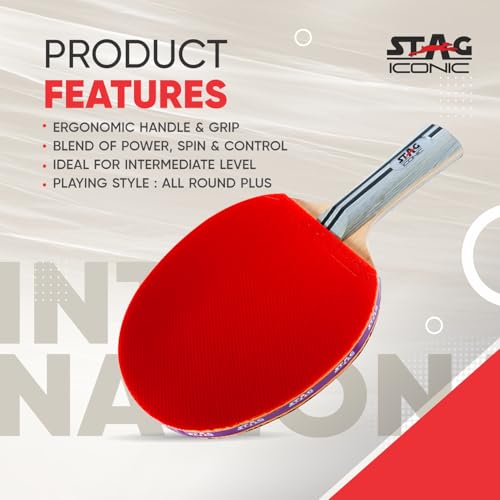 Image of International Table Tennis Racquet | 6 Ply Blade | 3 mm Sponge | High Control & Power | Red /Black