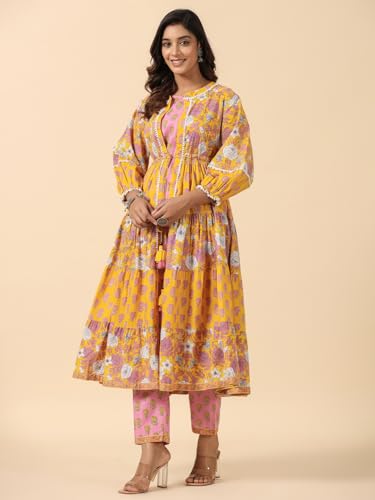 Image of SAVI Women's Cotton Printed Kurta Pant Set with Flared Shrug | Yellow & Pink Floral Print Ethnic Co-Ord Set | 3 /4 Sleeve Round Neck Traditional Outfit for Women & Girls