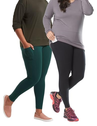 No Nonsense Tasche, Leggings a Vita Alta in Morbido Cotone, Nero/Verde Bottiglia-Confezione da 2 Paia, 1X (Pacco da 2) Donna